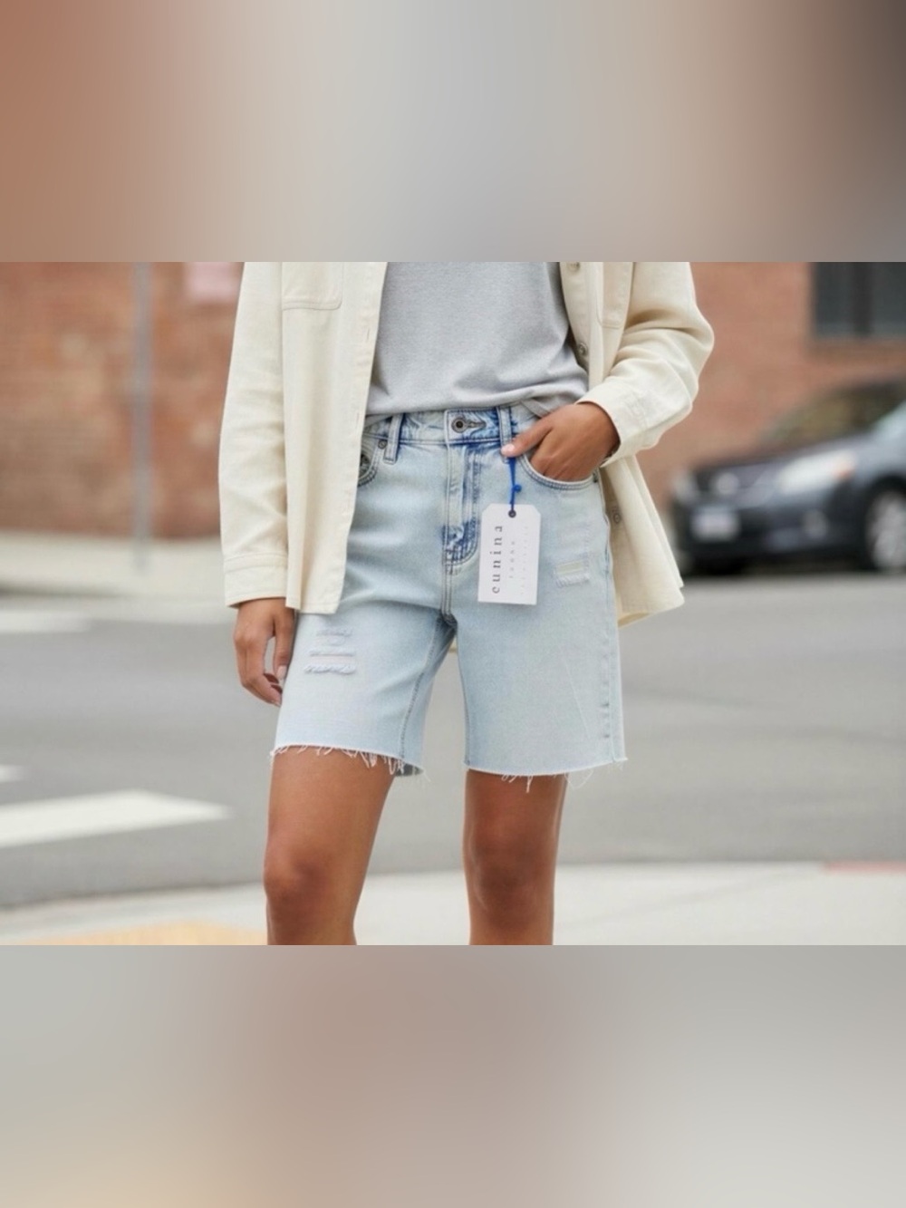 Eunina Kailey High Rise Mid Thigh Jean Shorts NWT